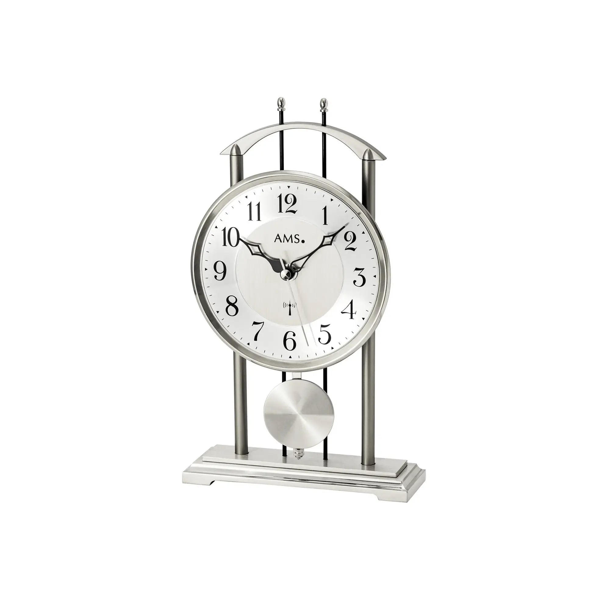 Silberne Funkpendel-Tischuhr mit rundem Zifferblatt und Pendelwerk