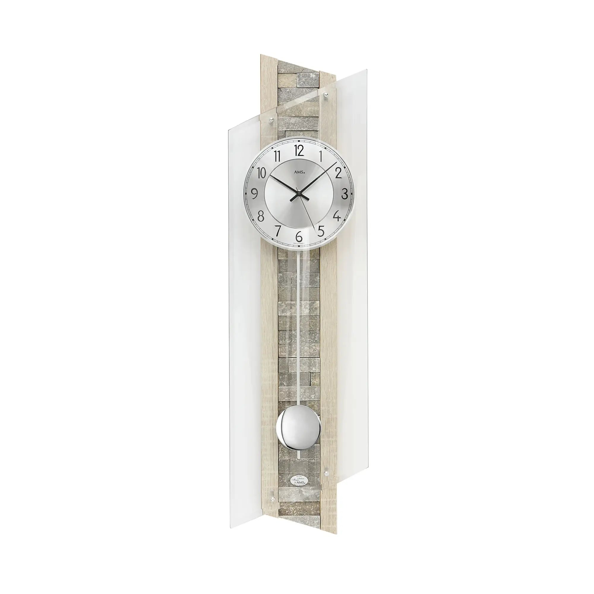 Wanduhr mit rundem Zifferblatt, Mineralglas-Front und Pendelwerk in Steinoptik