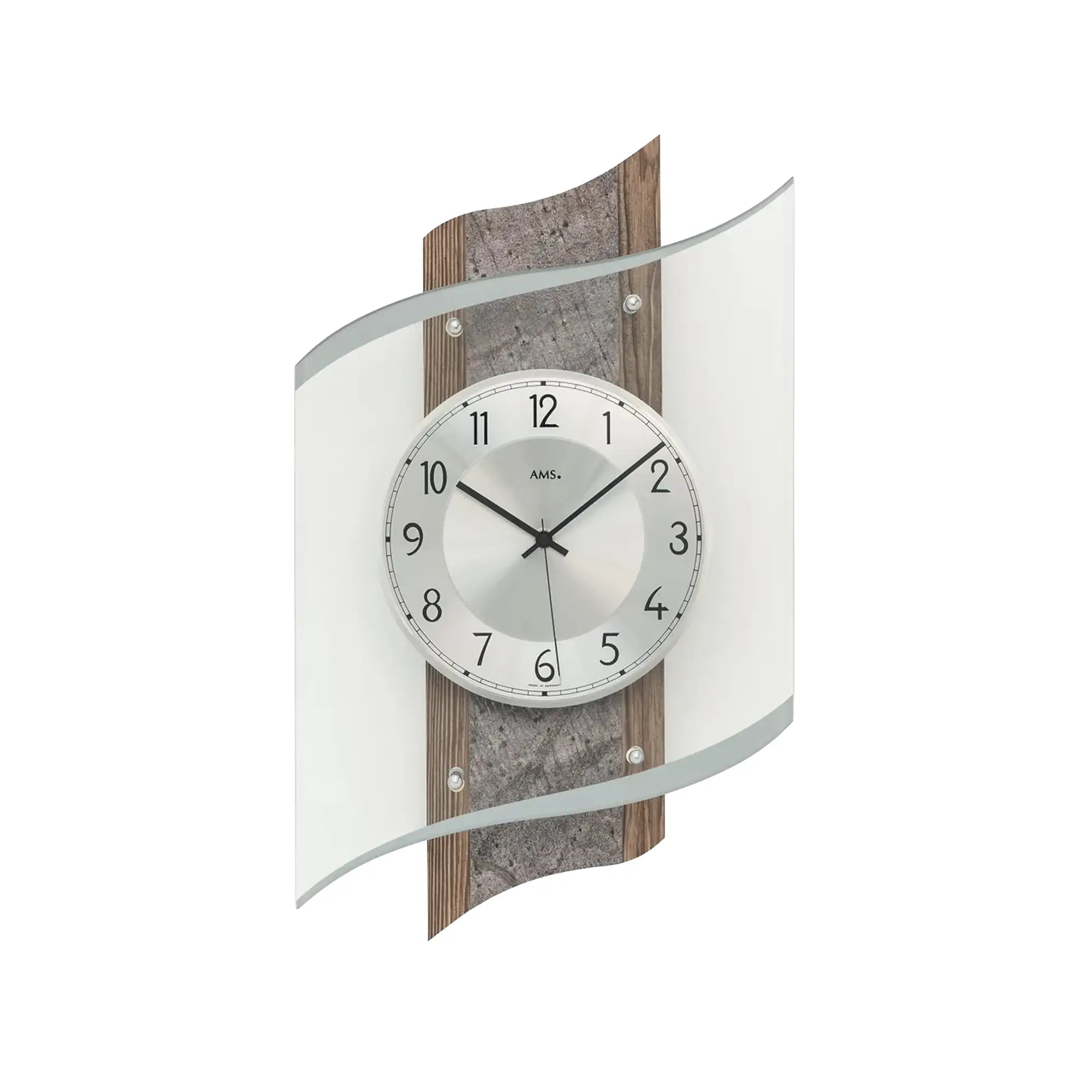Wanduhr: rundes Zifferblatt, AMS-Logo, Nussbaumdekor-Rahmen, facettiertes Mineralglas