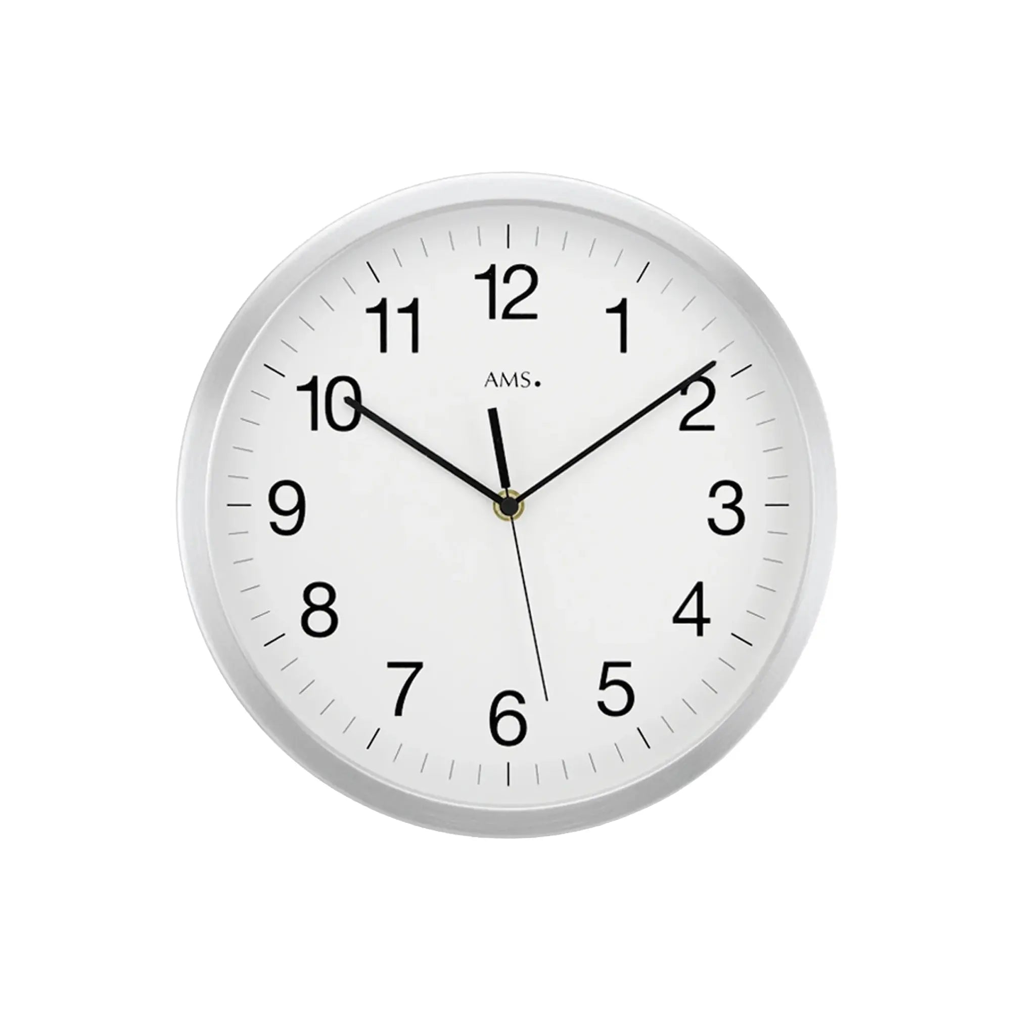 Runde Wanduhr: silbernes Aluminiumgehäuse, Mineralglas, weißes Ziffernblatt mit schwarzen Zahlen