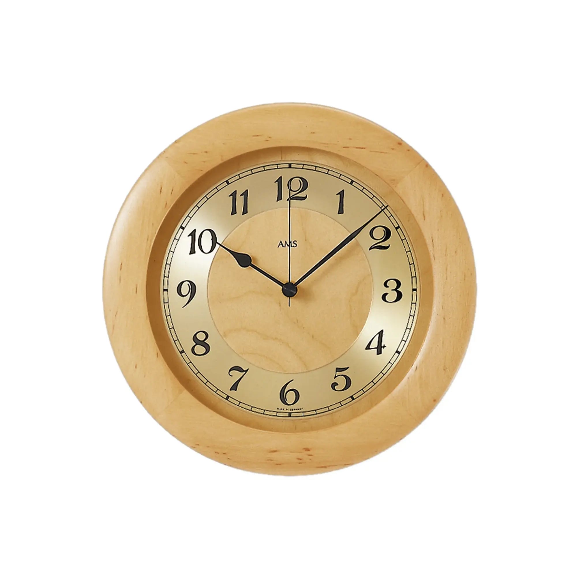 Funk-Wanduhr mit Holzoptik-Front und analogen Ziffern, Mineralglas und schwarzem Zeigerwerk