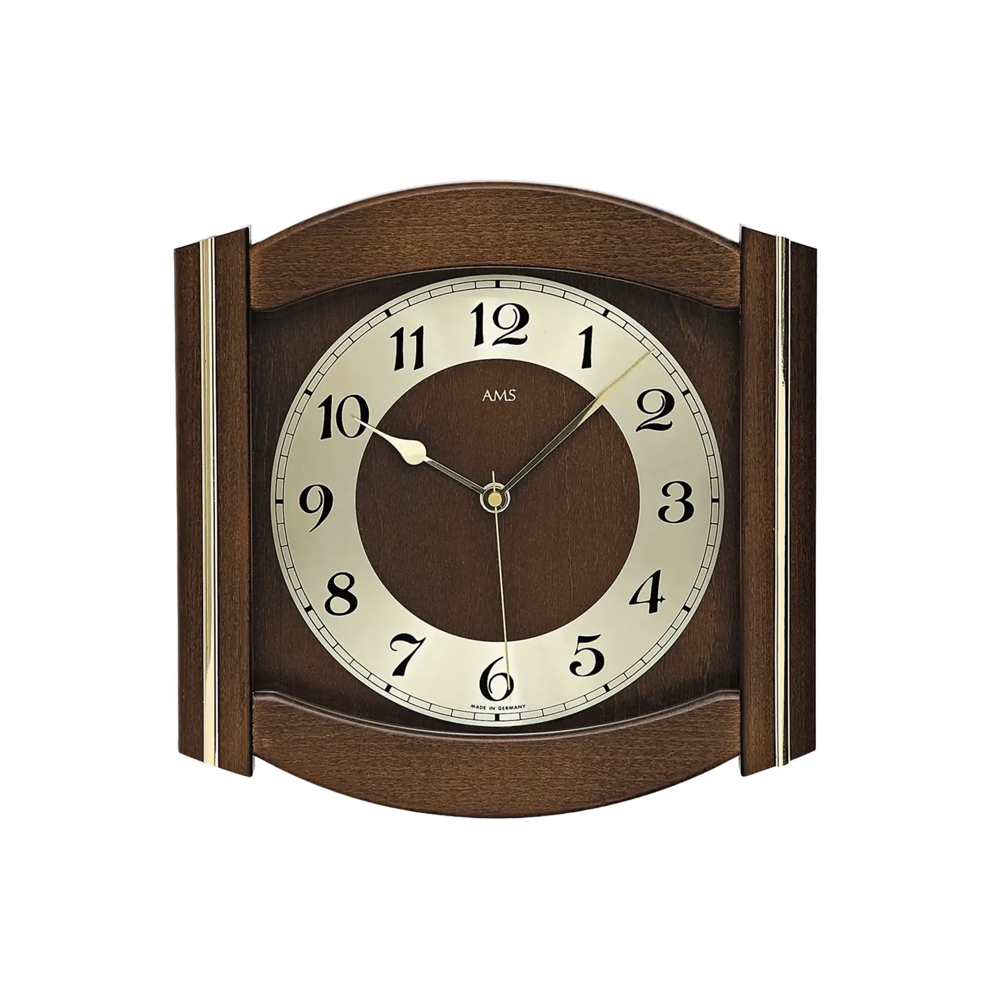 Wanduhr mit Nussbaum-Holzgehäuse, Mineralglas, rundem braunem Zifferblatt und Zeigern
