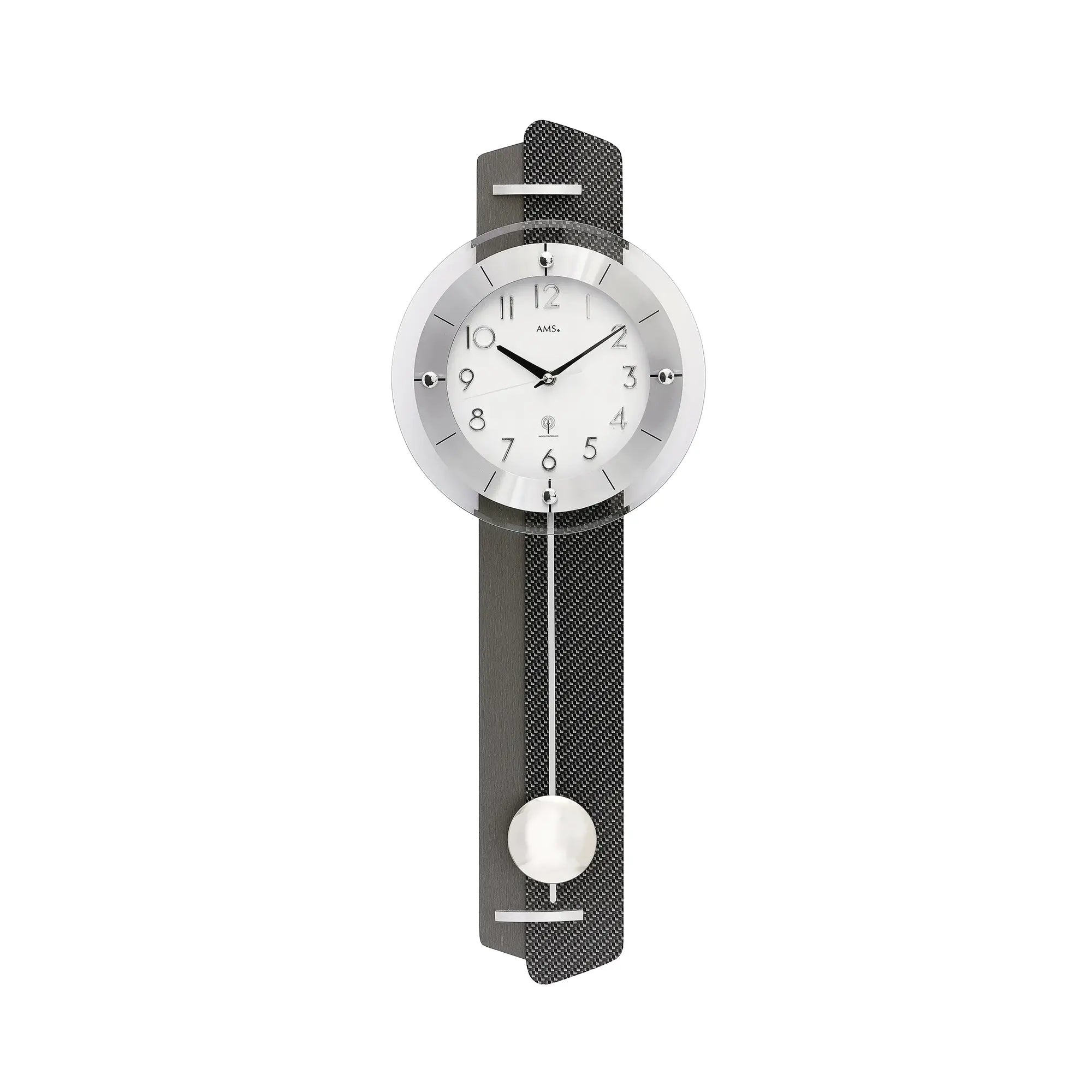 Funk-Pendelwanduhr mit rundem Zifferblatt, silbernen Zeigern, anthrazitem Band und Pendelkugel