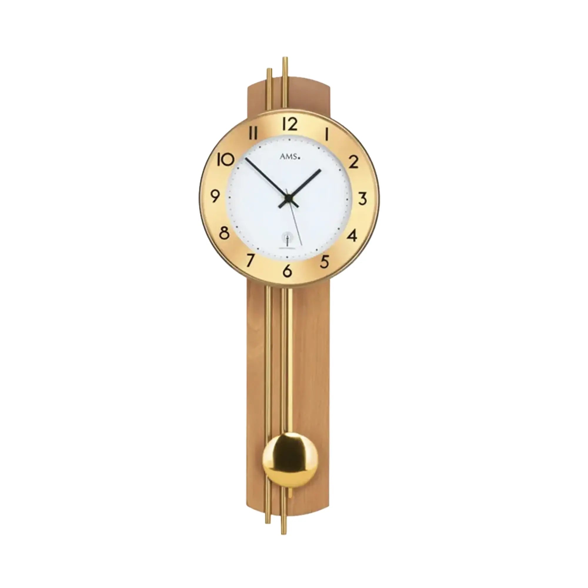 Wanduhr mit Holzgehäuse, goldfarbenem Pendel und rundem Ziffernblatt mit arabischen Ziffern