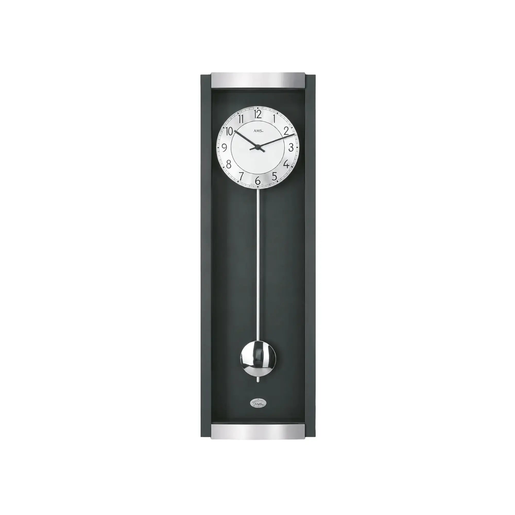 Schwarze Pendel-Wanduhr mit analogem Zifferblatt und langem Pendelarm
