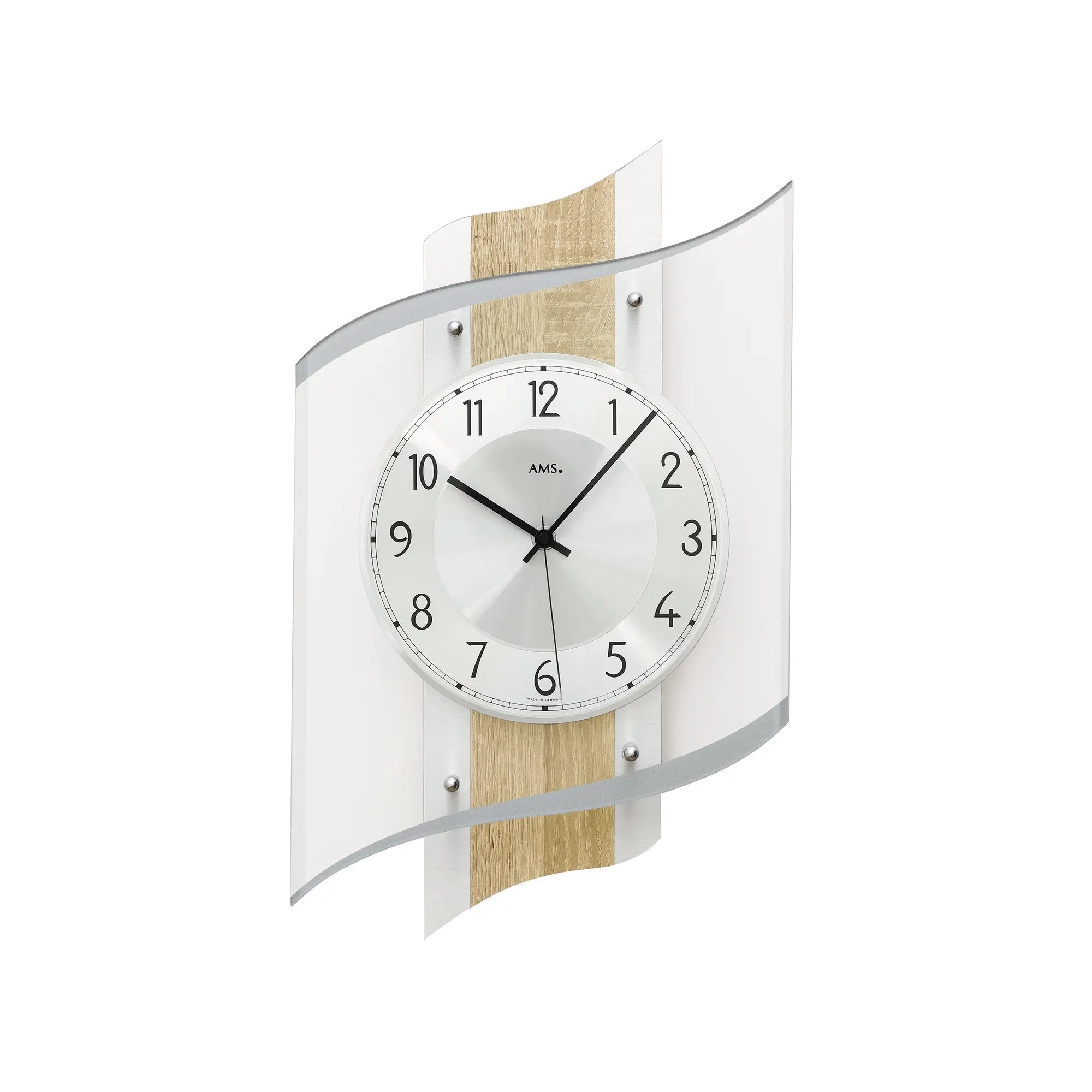 Wanduhr mit weißem Zifferblatt, schwarzem Zeigerspiel, Sonoma-Holz und silbernen Schrauben