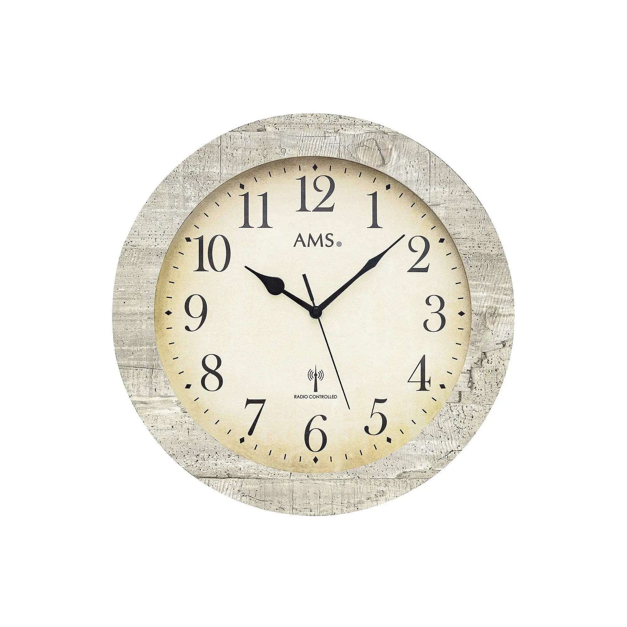 Runde AMS Funk-Wanduhr mit beigem Zifferblatt, schwarzen Zahlen und grauem Rahmen