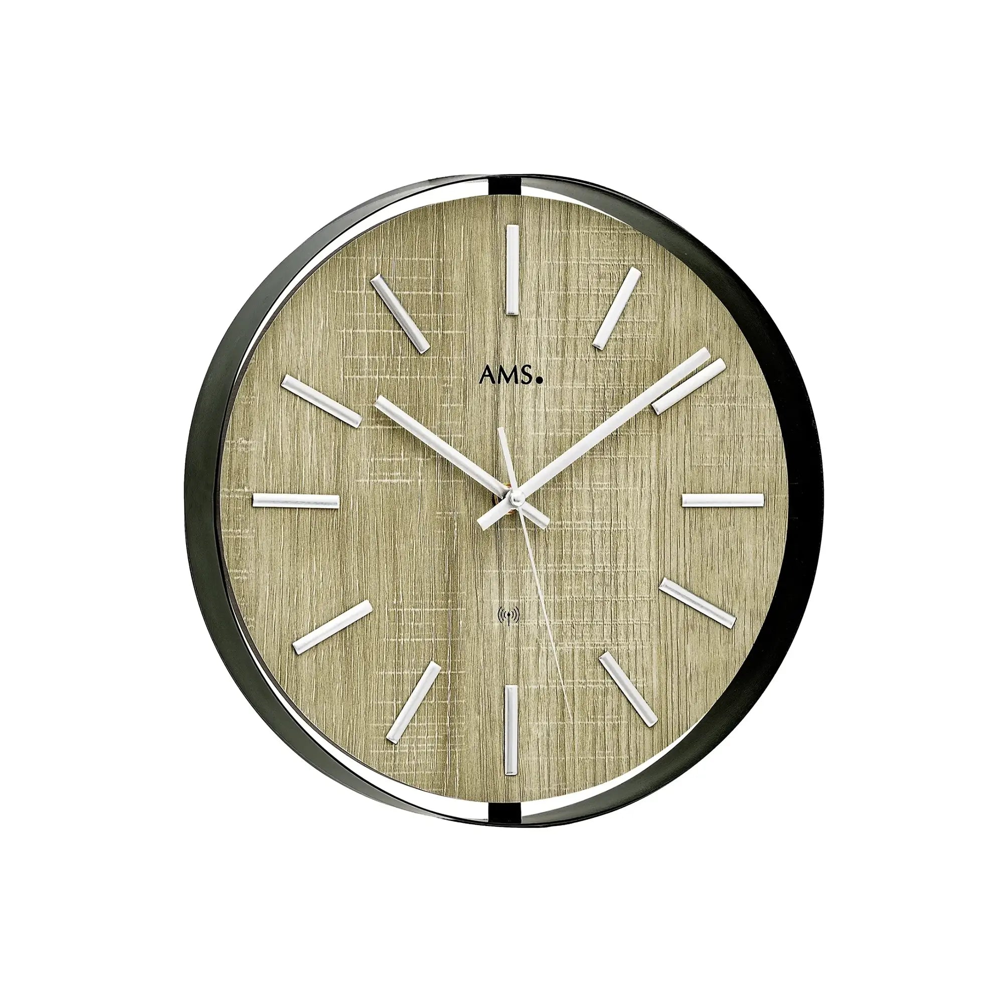 AMS Funk-Wanduhr rund mit gold-beigem Ziffernblatt, silbernen Balkenindizes und Uhrwerk