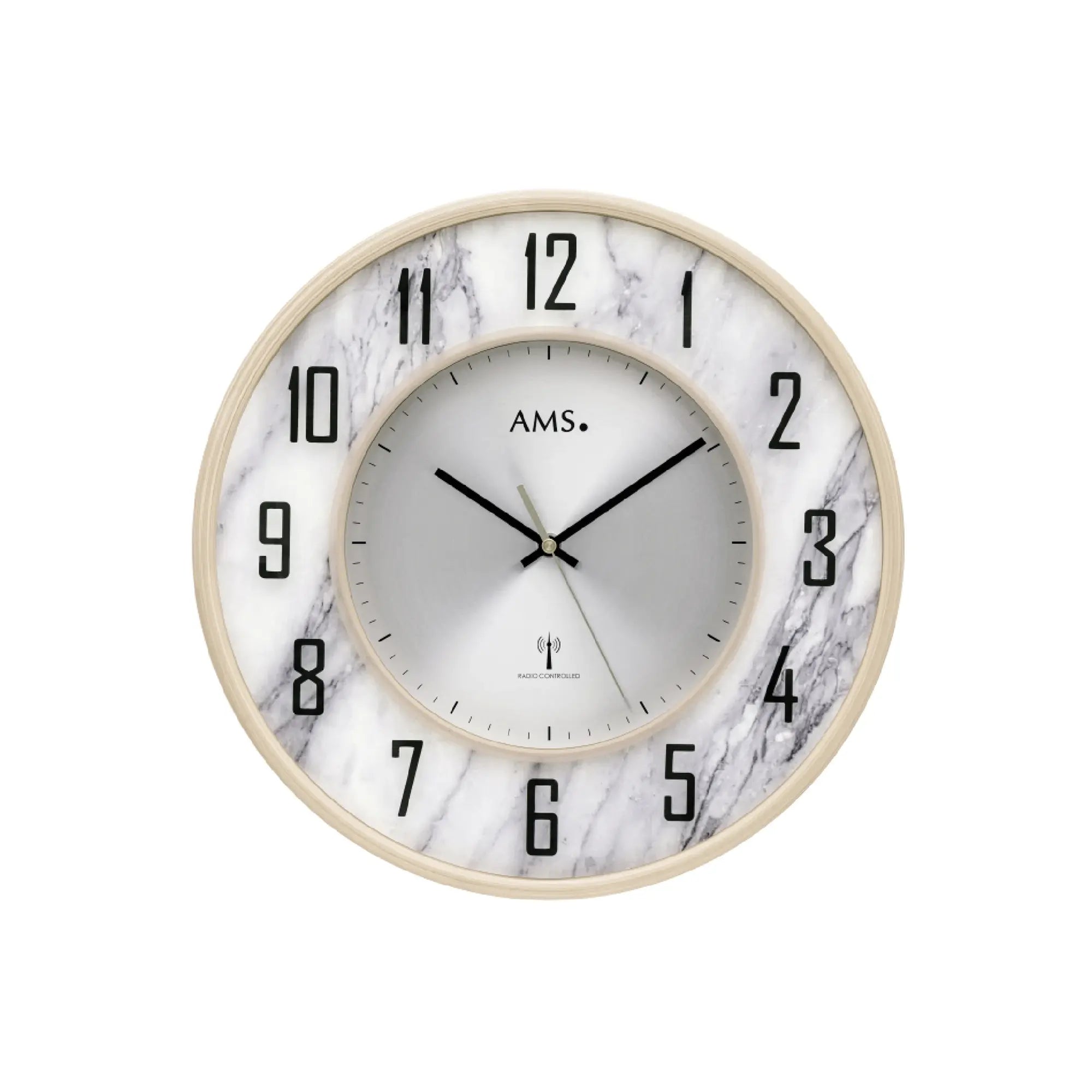 Runde AMS Funk-Wanduhr mit marmorierter Einfassung, großen arabischen Ziffern und Mineralglas
