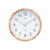 Runde Wanduhr mit Holzoptik-Rahmen, weißem Zifferblatt und schwarzen Zahlen