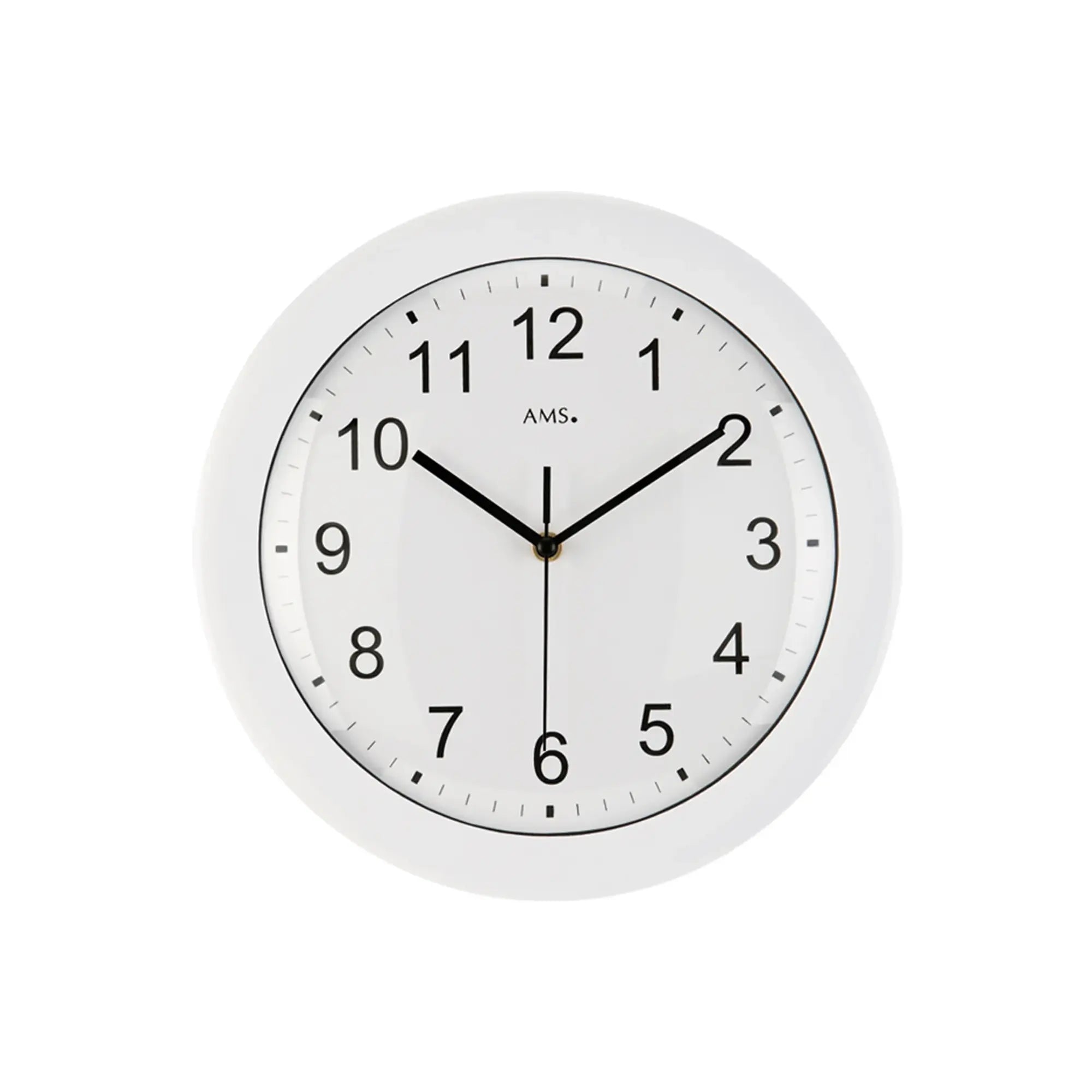 Weiße Funk-Wanduhr mit schwarzem Ziffernblatt, schwarzen Zeigern und klarer Minutenanzeige