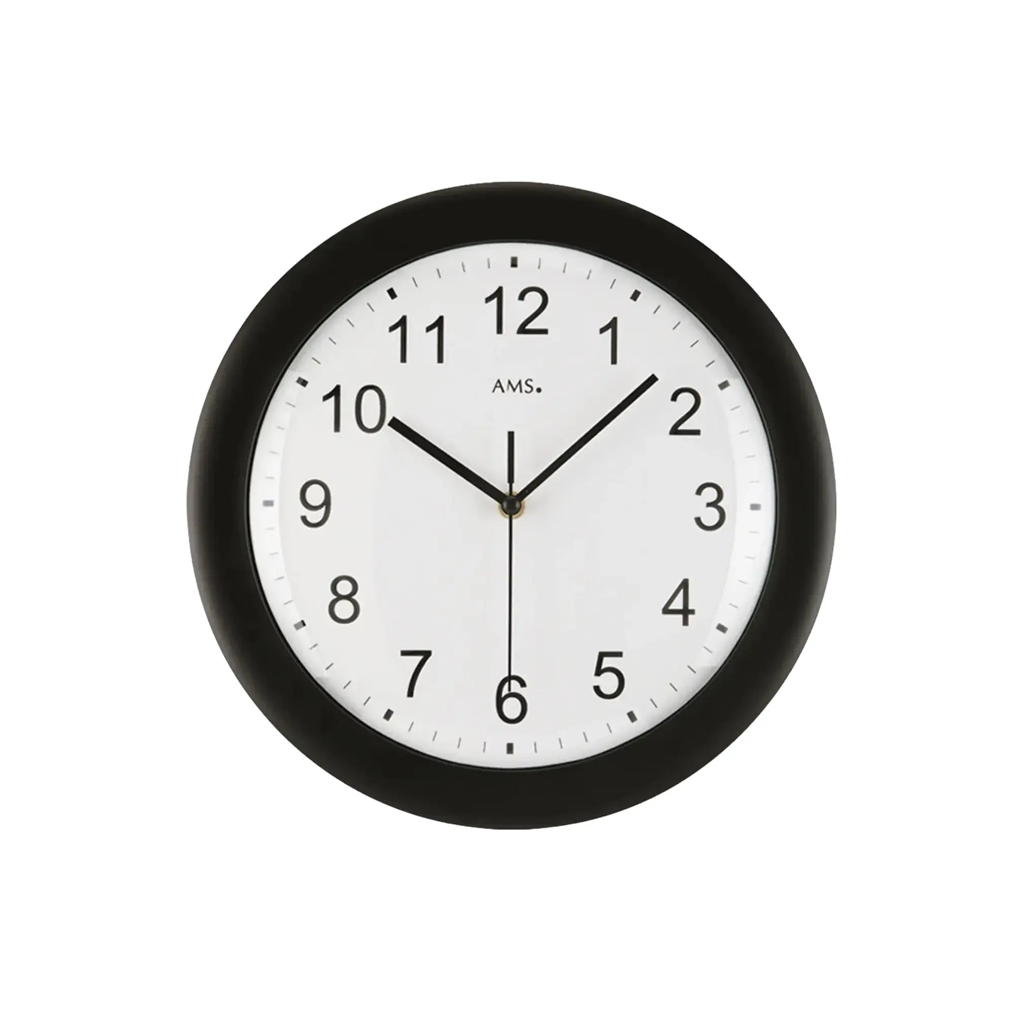 Schwarze Funk-Wanduhr mit rundem Zifferblatt und runden Zeigern
