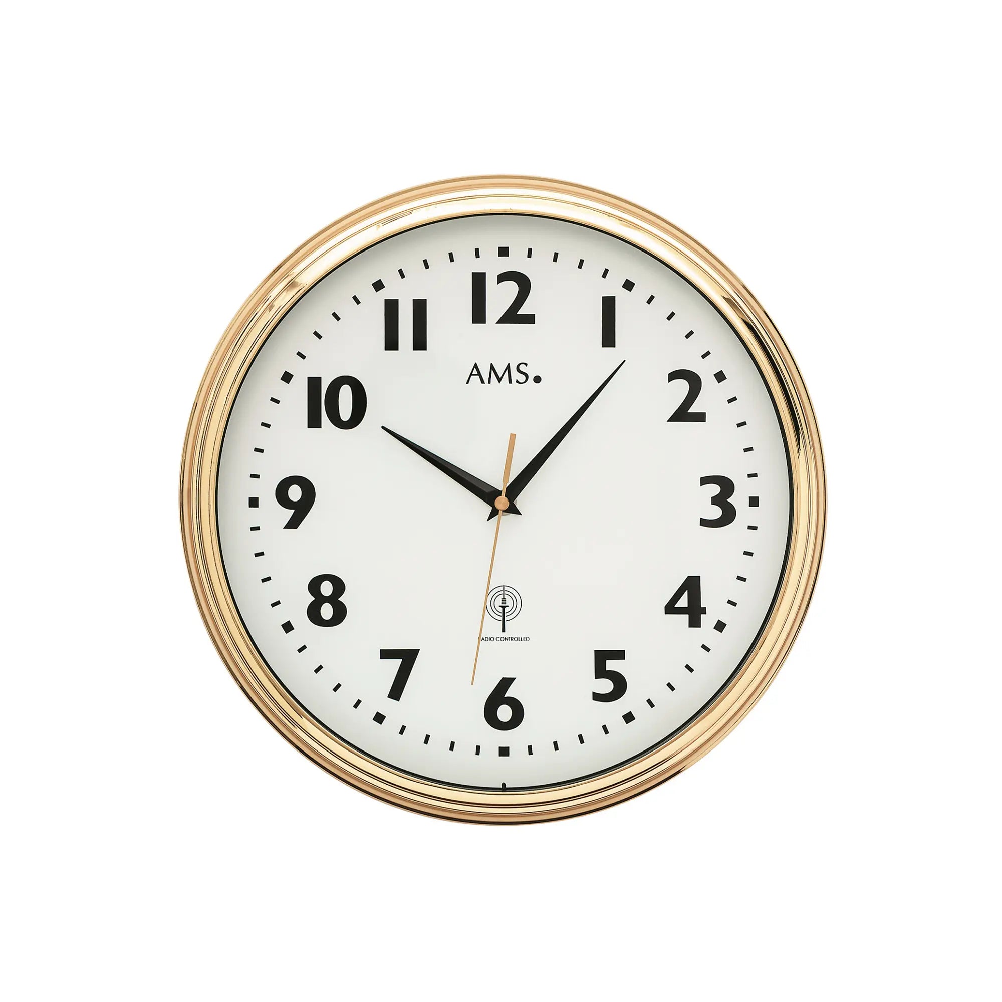 Funk-Wanduhr mit Messingrahmen, rundem Mineralglas und weißem Zifferblatt mit schwarzen Zeigern
