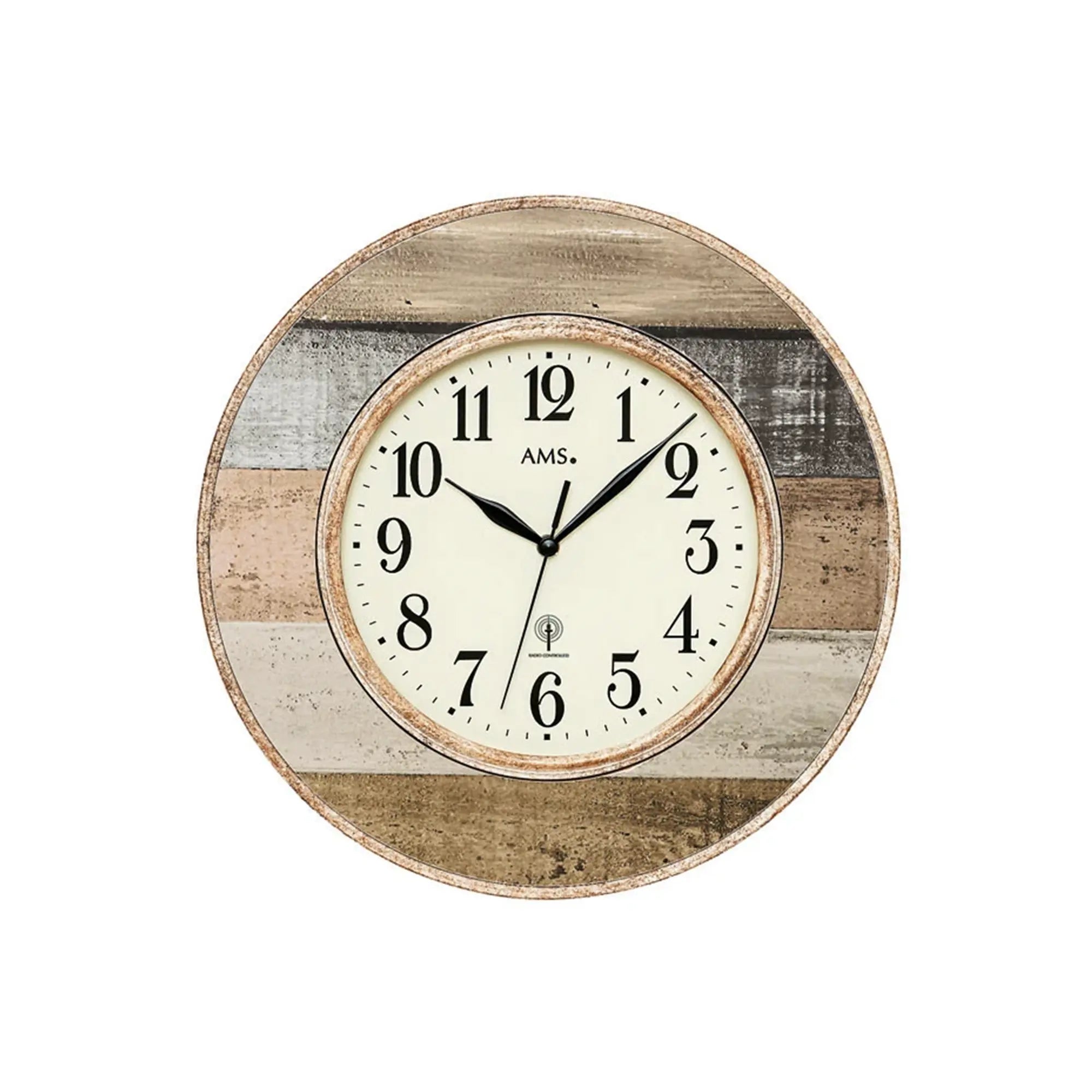 Braune runde Wanduhr mit AMS-Ziffernblatt und schwarzem Zeigerwerk im Vintage-Rahmen
