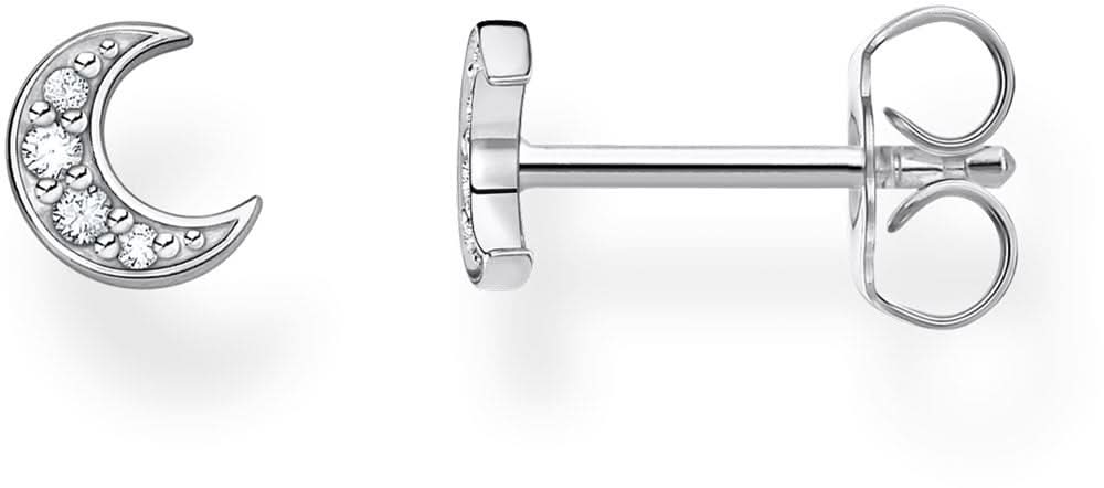Single Moon Stud Earring with Stones - 925 Sterling Silver