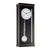 Wall clock with rectangular black wooden case, round pendulum weight, and white dial