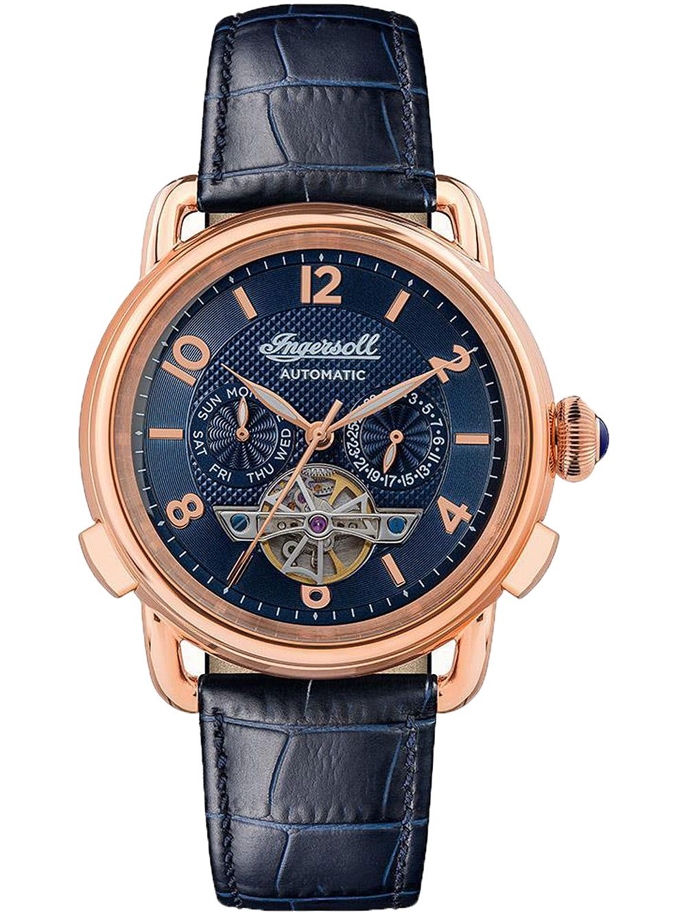 Herrenuhr mit blauem Zifferblatt, Skelettwerk, dunkles Lederband und roségoldenem Gehäuse.