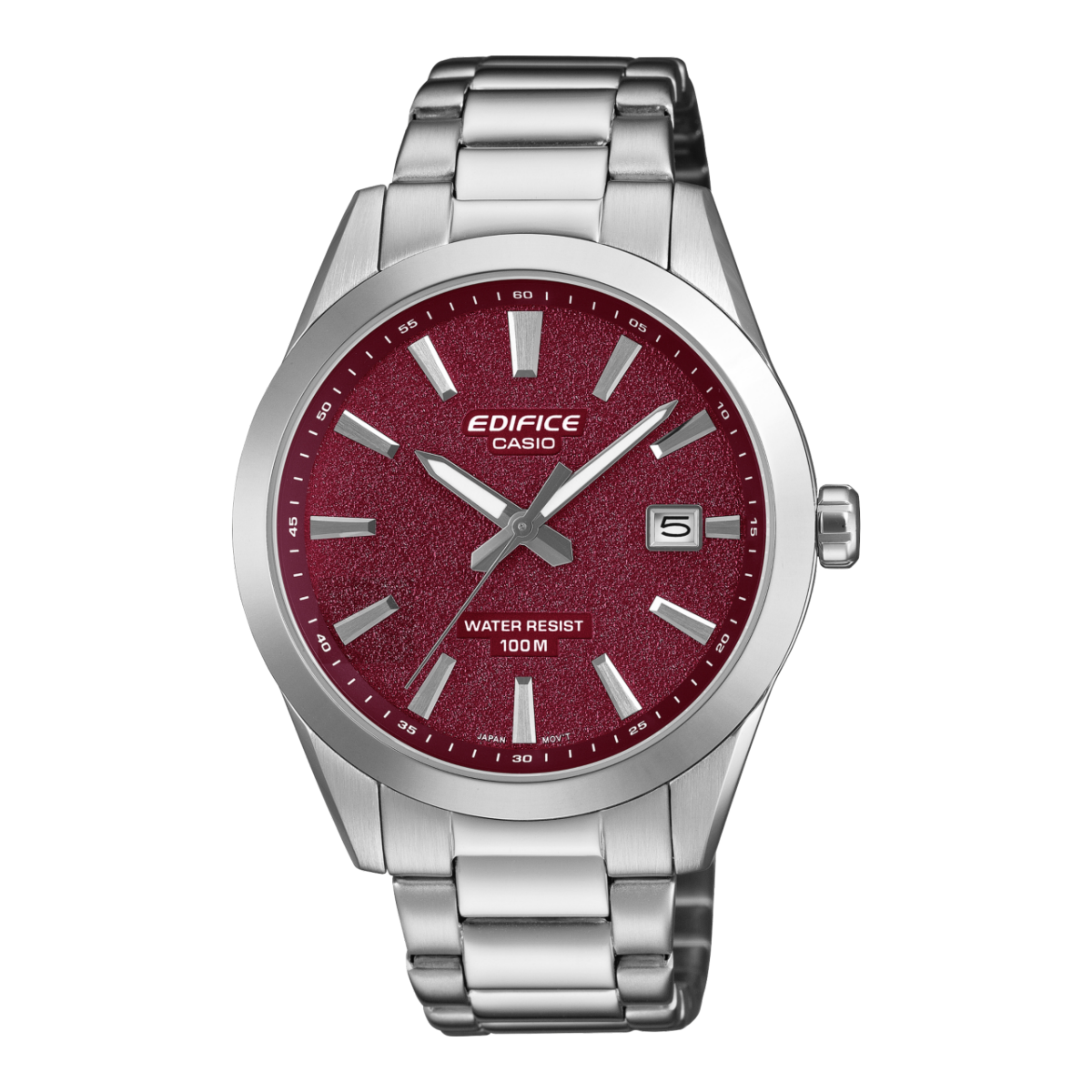 Herrenarmbanduhr Casio Edifice mit dunkelrotem Zifferblatt, Datumsfenster bei 5