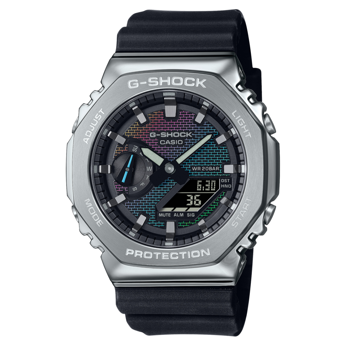 Casio G-Shock GM-2100RW-1AER Herrenuhr • Regenbogen-Zifferblatmuster • Edelstahllünette