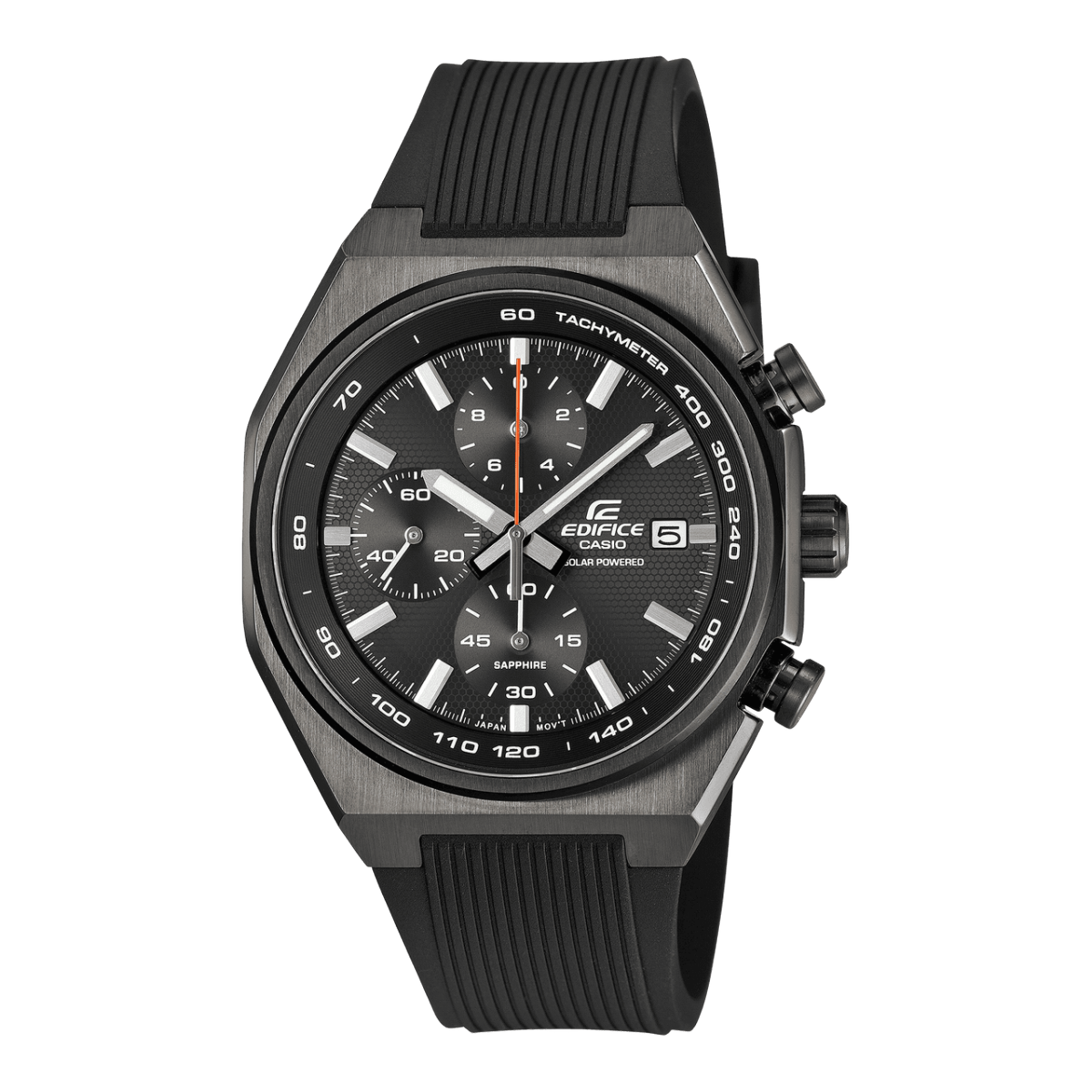 Casio Edifice Herren-Chronograph: schwarzes Zifferblatt, Saphirglas, Solar, schwarzes Band