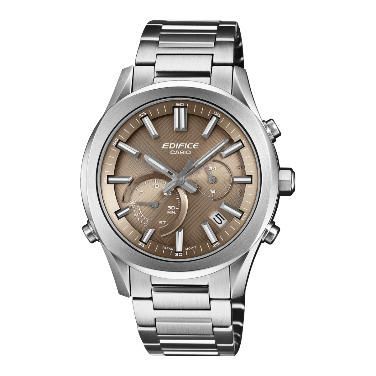 Herrenarmbanduhr mit silbernem Metallband und braunem Zifferblatt, Chrono-Layout