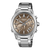 Herrenarmbanduhr mit silbernem Metallband und braunem Zifferblatt, Chrono-Layout