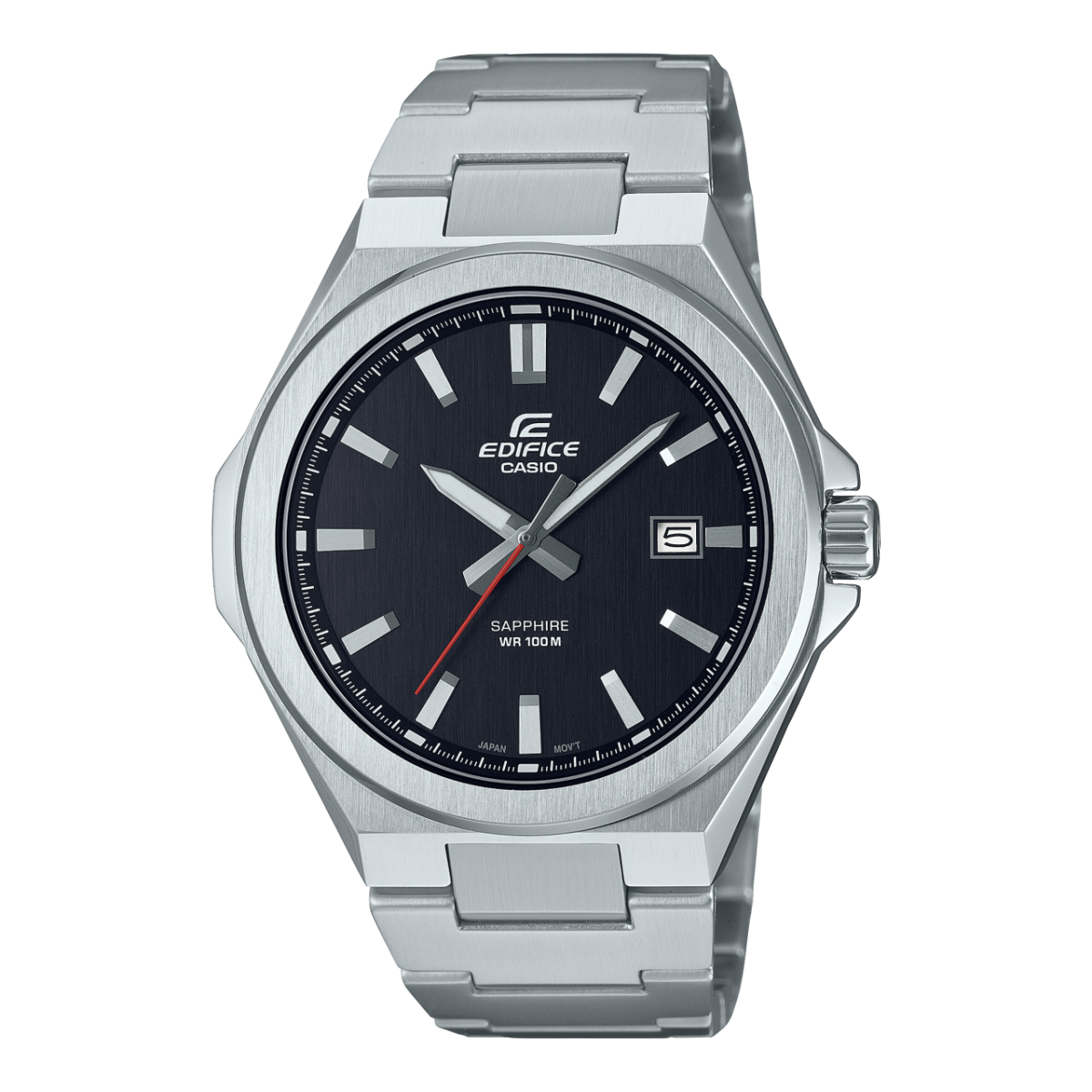 Casio Edifice Herrenuhr mit schwarzem Zifferblatt, Saphirglas und Stahlarmband