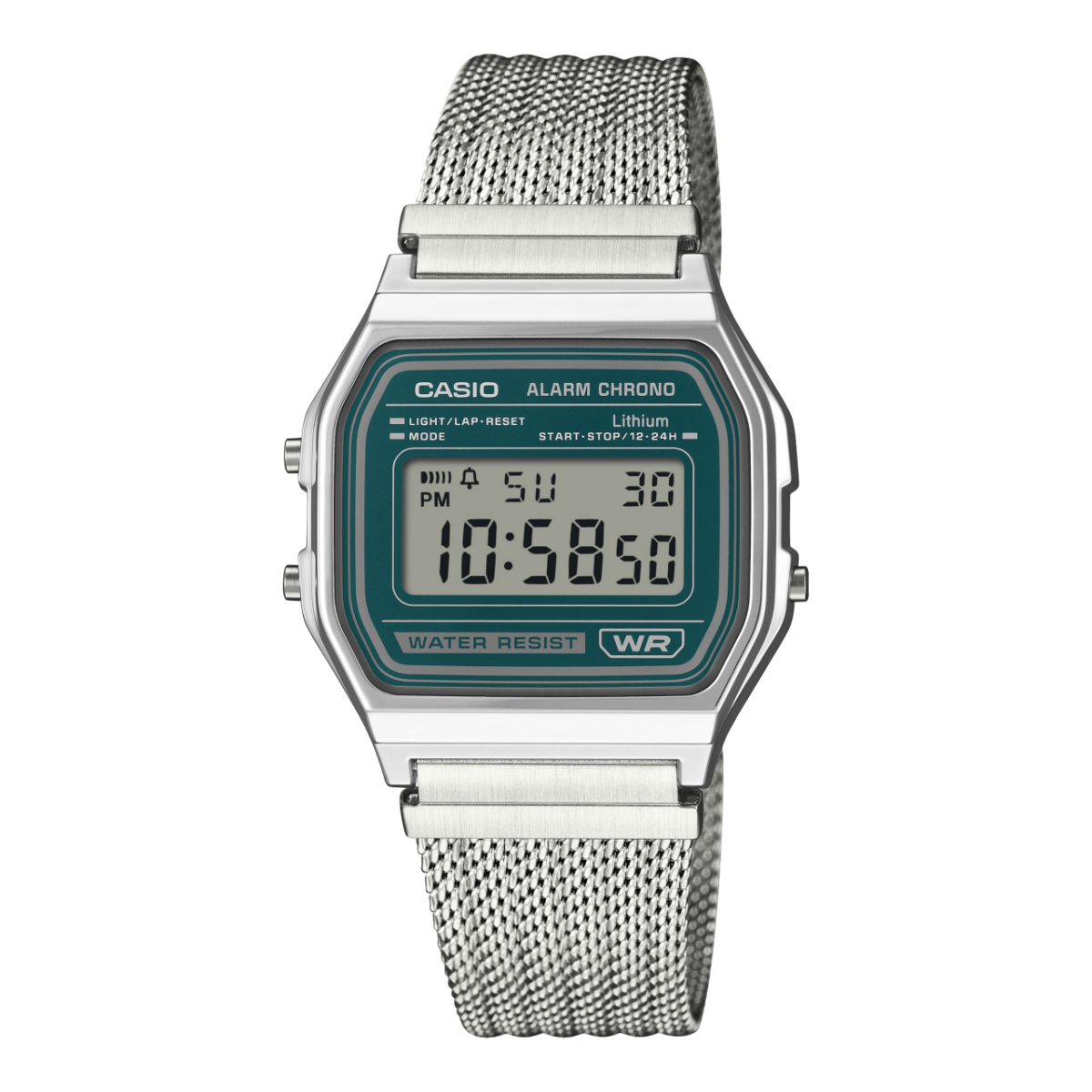 Casio Vintage A158WEM-3EF Armbanduhr Grün • Mesh-Armband • Stoppuhr