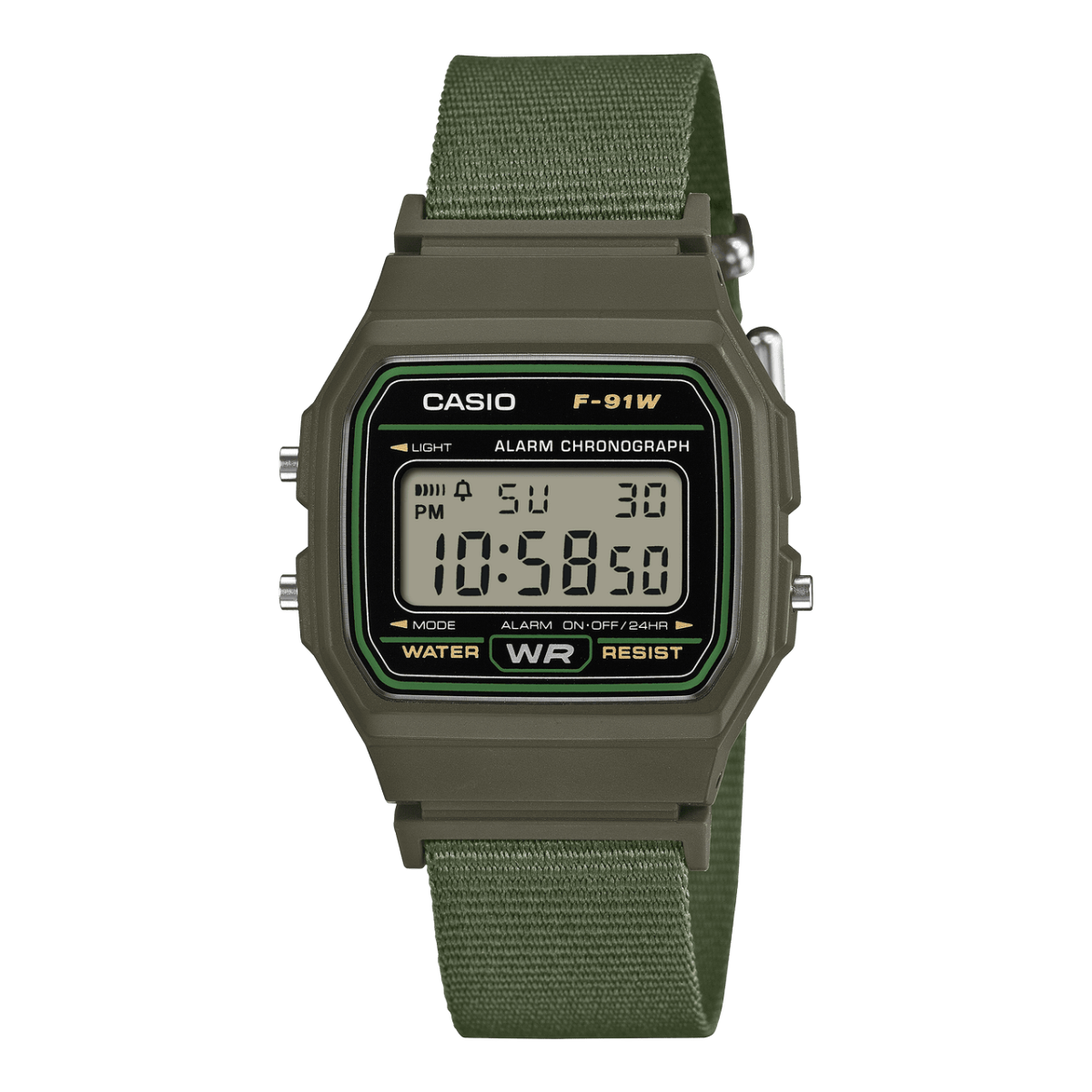 Casio Digitaluhr mit grünem Textilarmband, eckigem Gehäuse und Anzeige auf dem Display