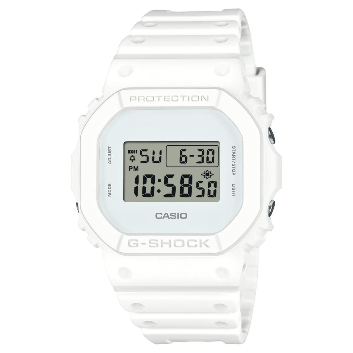 Weiße Casio G-SHOCK Digitaluhr mit rundem Schutzgehäuse und Armband
