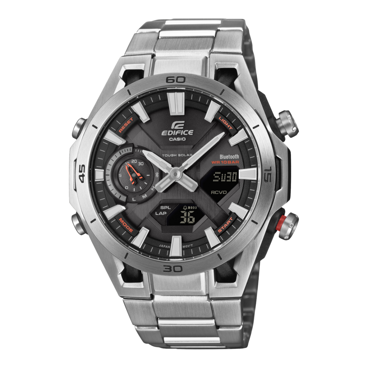 Casio EDIFICE Herrenarmbanduhr mit silberfarbenem Metallband und schwarzem Zifferblatt