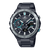 Herrenarmbanduhr mit schwarzem Metallband und schwarzem Zifferblatt, grün-blauen Akzenten