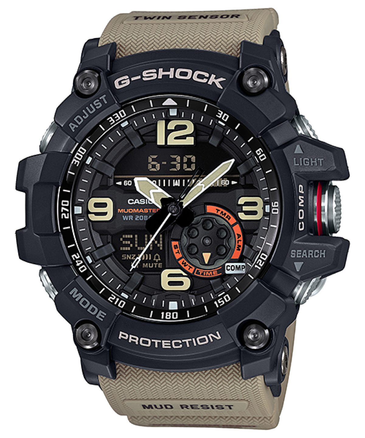 G-Shock Mudmaster Herrenarmbanduhr: schwarzes Gehäuse, beiges Band, Digitalanzeige