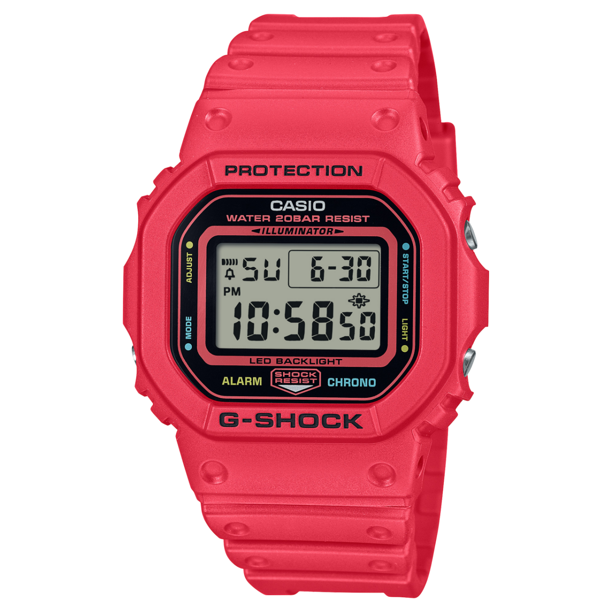 Casio G-Shock Digitaluhr mit rotem Kunststoffarmband und LCD-Display im Schutzgehäuse.