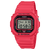 Casio G-Shock Digitaluhr mit rotem Kunststoffarmband und LCD-Display im Schutzgehäuse.