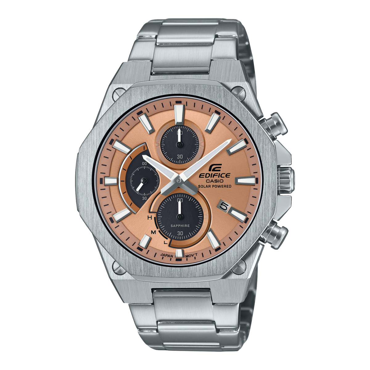 Casio Edifice Herrenarmbanduhr mit silbernem Edelstahlband und roséfarbenem Zifferblatt