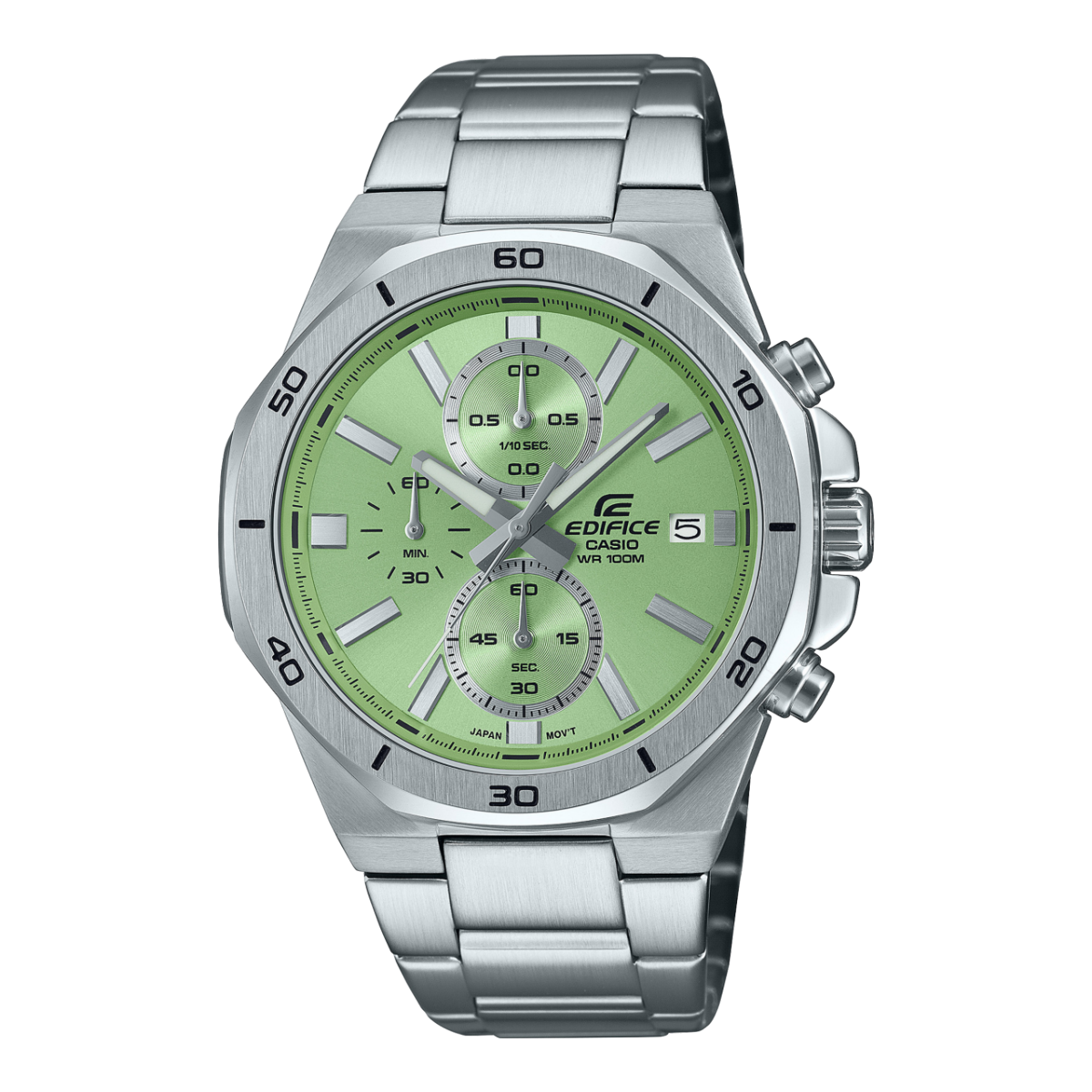 Casio Edifice Herrenarmbanduhr mit grünem Zifferblatt, Edelstahlband und Stoppuhr-Layout