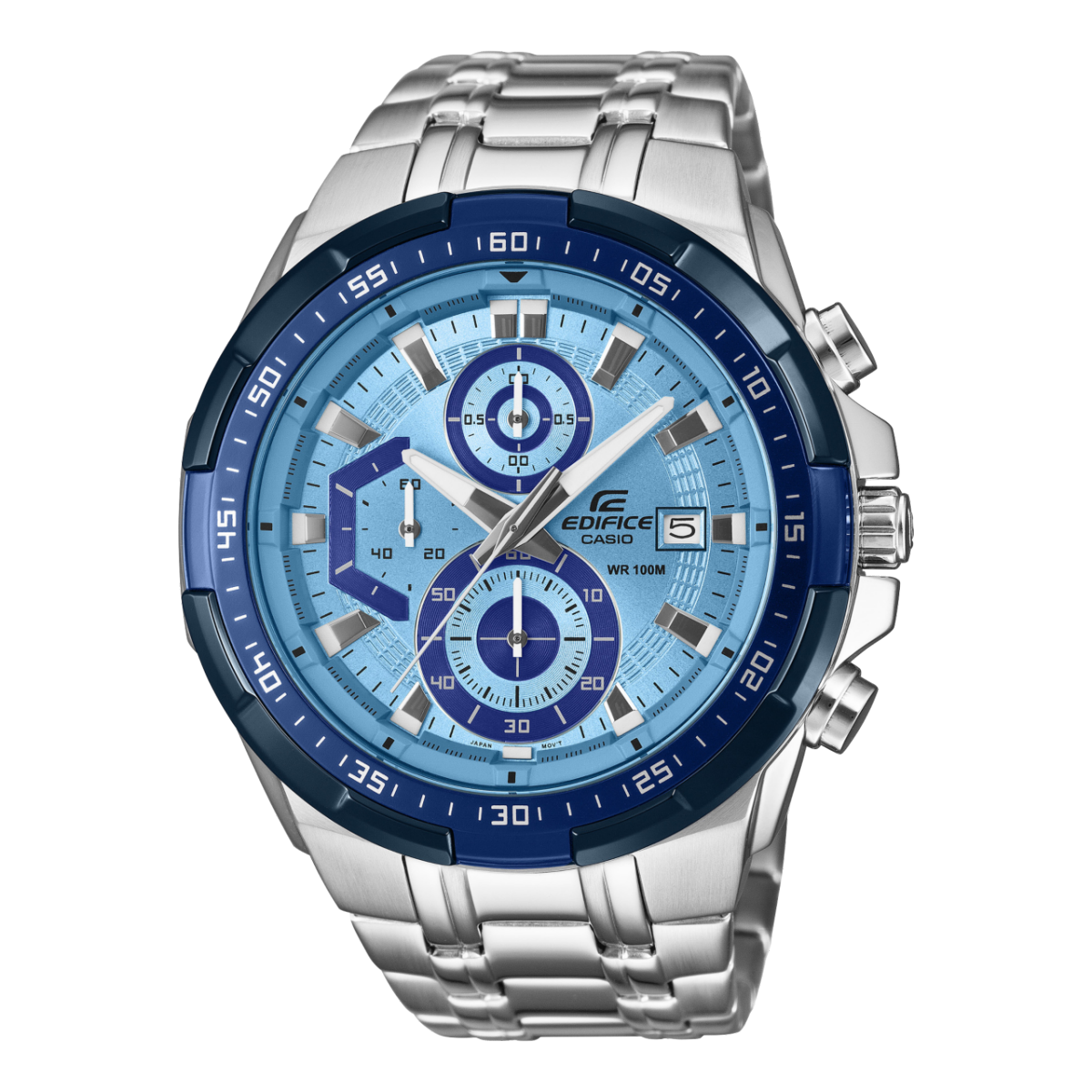 Casio Edifice Herren-Chronograph Uhr mit blauem Ziffernblatt, Edelstahlarmband und Chrono-Subziffern