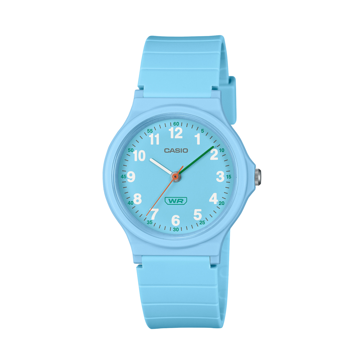 Kinderarmbanduhr mit hellblauem Kunststoffarmband und rundem Zifferblatt