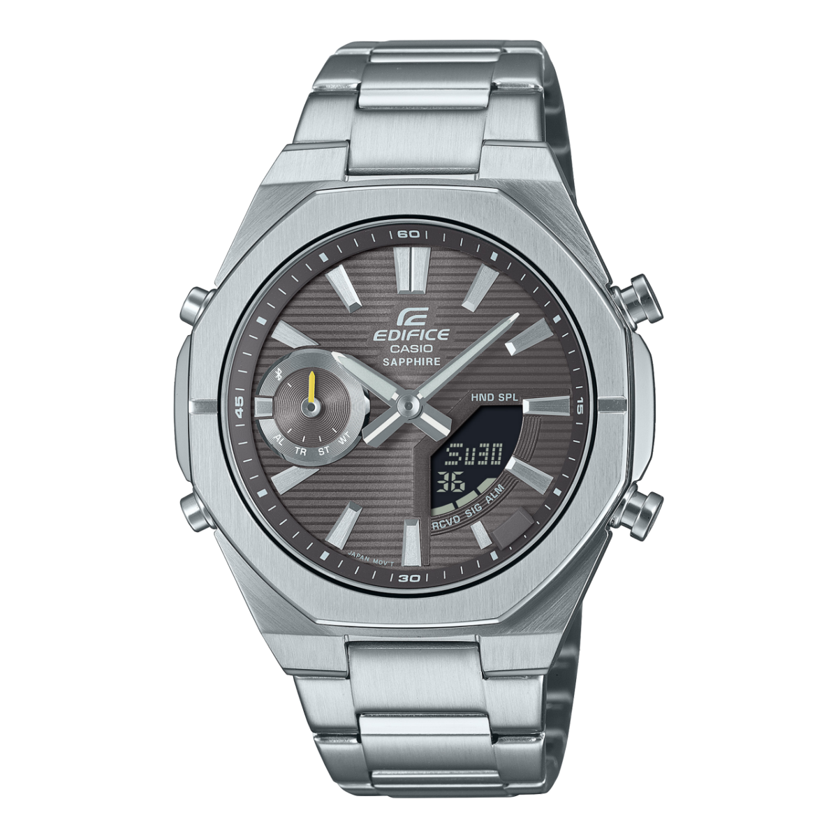 Casio Edifice Herrenuhr mit silbernem Edelstahlarmband, analogem schwarzem Zifferblatt