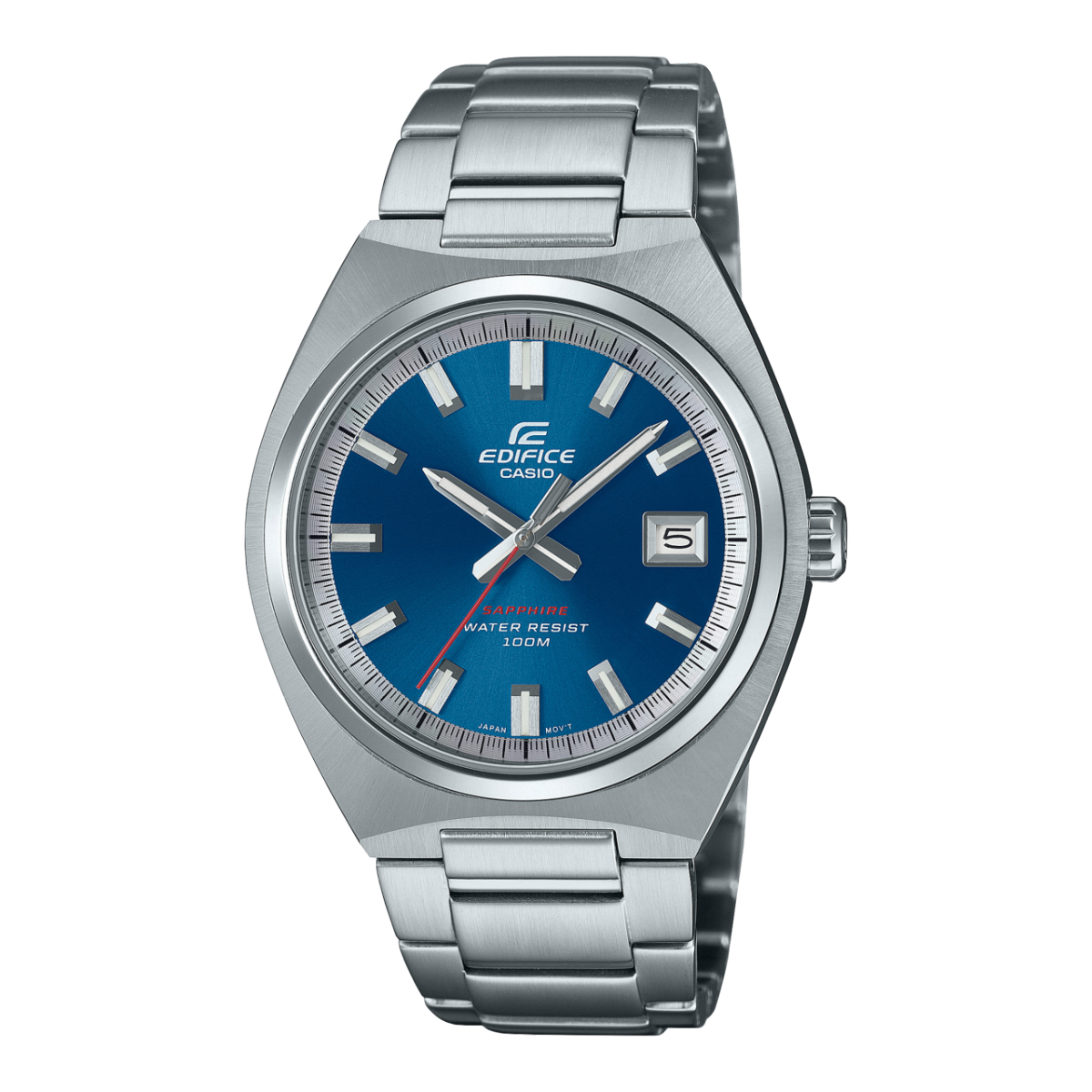 Casio Edifice Herrenuhr mit blauem Zifferblatt, Edelstahlband und Datum bei 5 Uhr