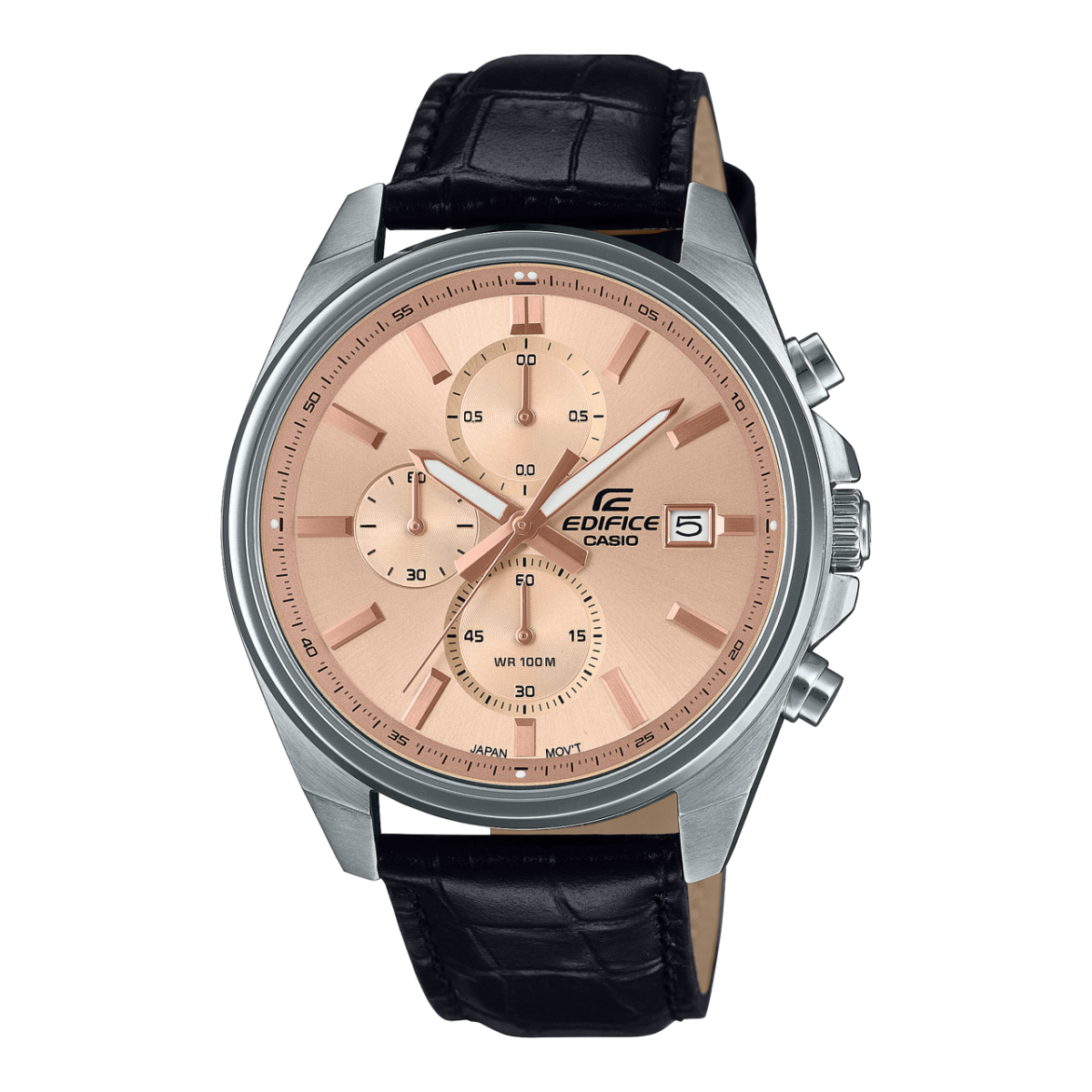 Casio Edifice Herren-Chronograph mit schwarzem Lederarmband, Roségold-Zifferblatt