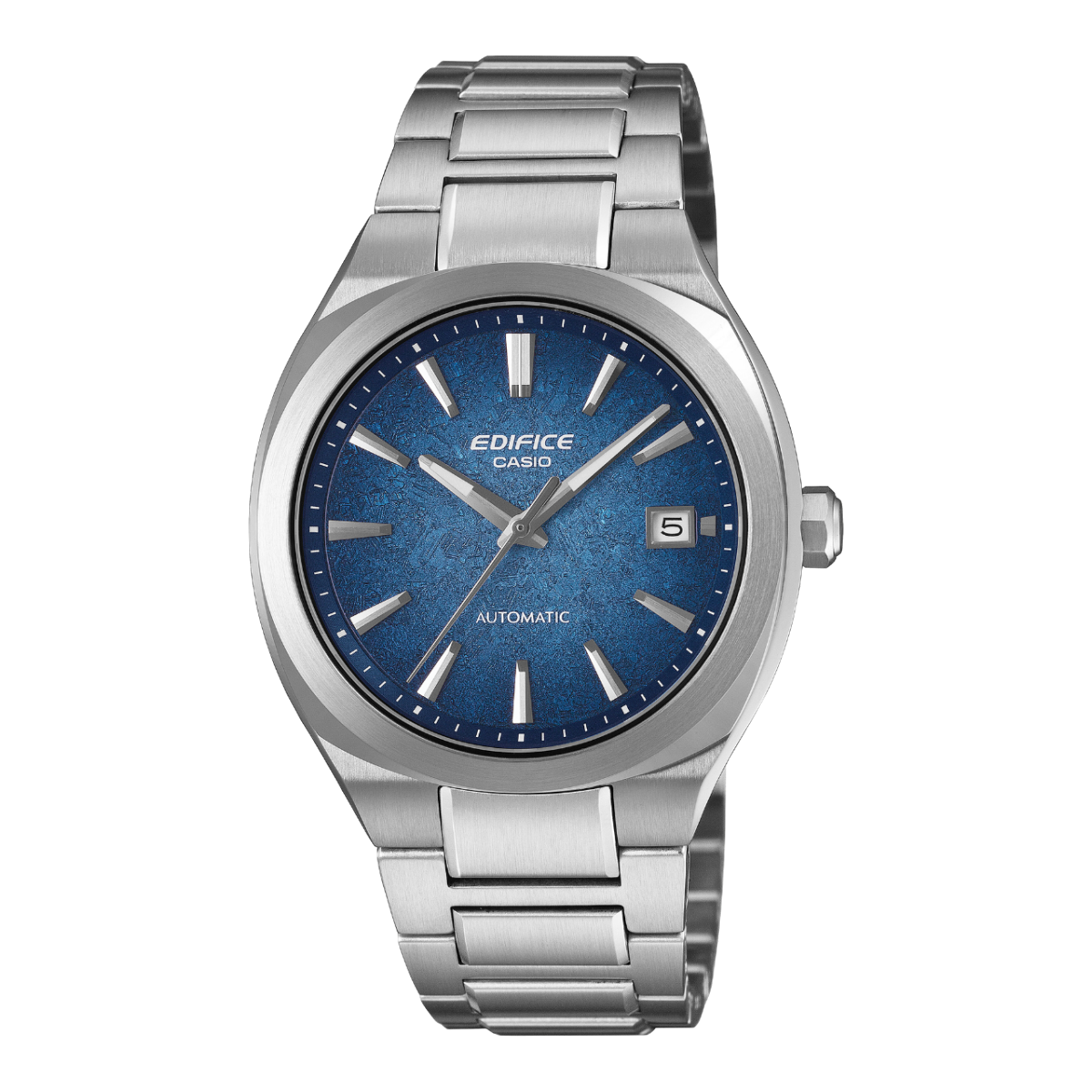 Herrenarmbanduhr mit blauem Zifferblatt, silbernem Edelstahlband und Datumsfenster bei 5