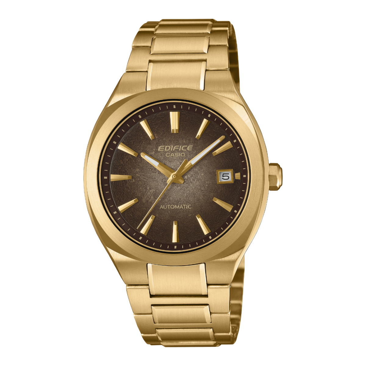 Casio Edifice Herrenarmbanduhr, goldfarbenes Metallband, schwarzes Zifferblatt, Datum bei 5