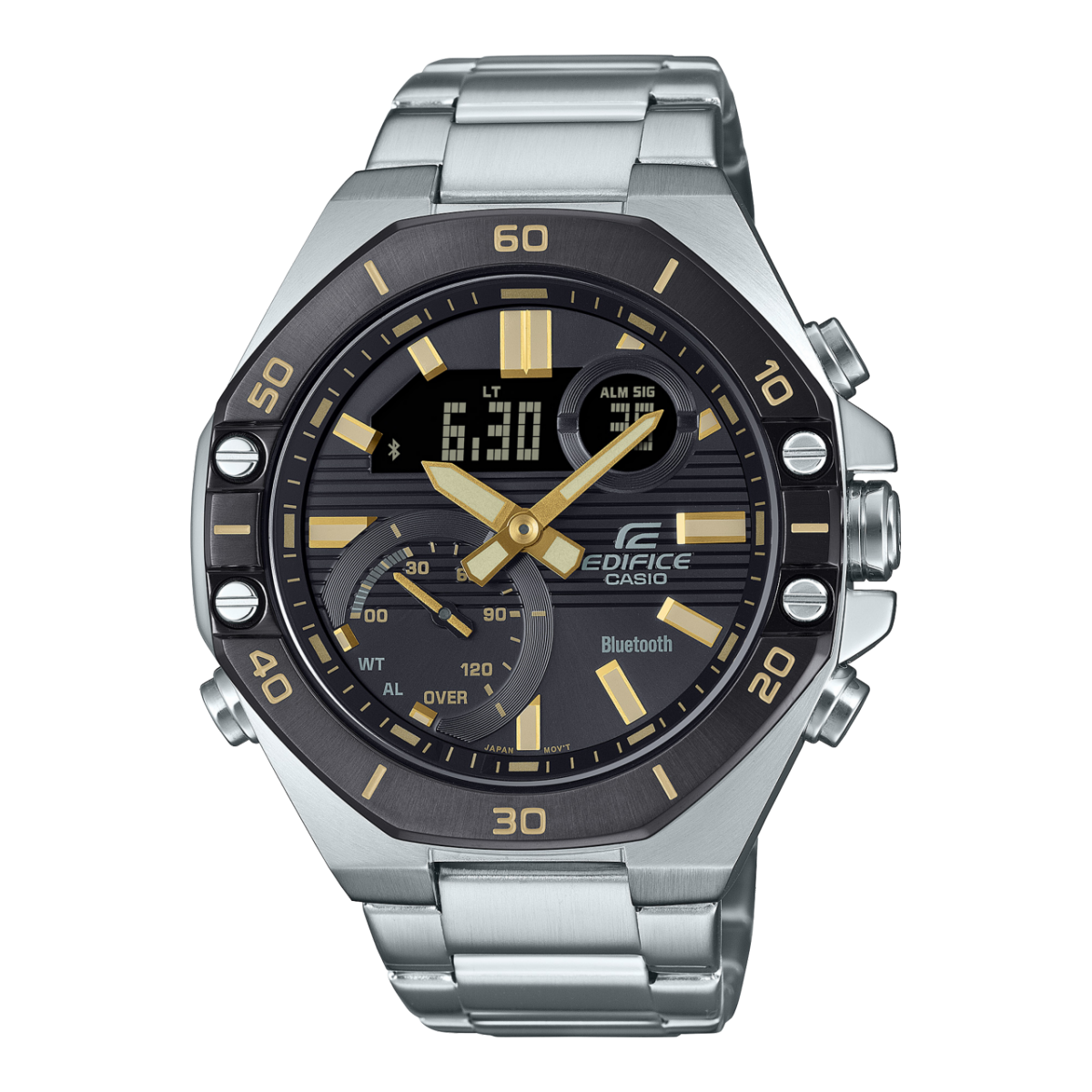 Herrenarmbanduhr mit schwarzem Zifferblatt, goldenen Zeigern, Edelstahlband und Bluetooth-Logo