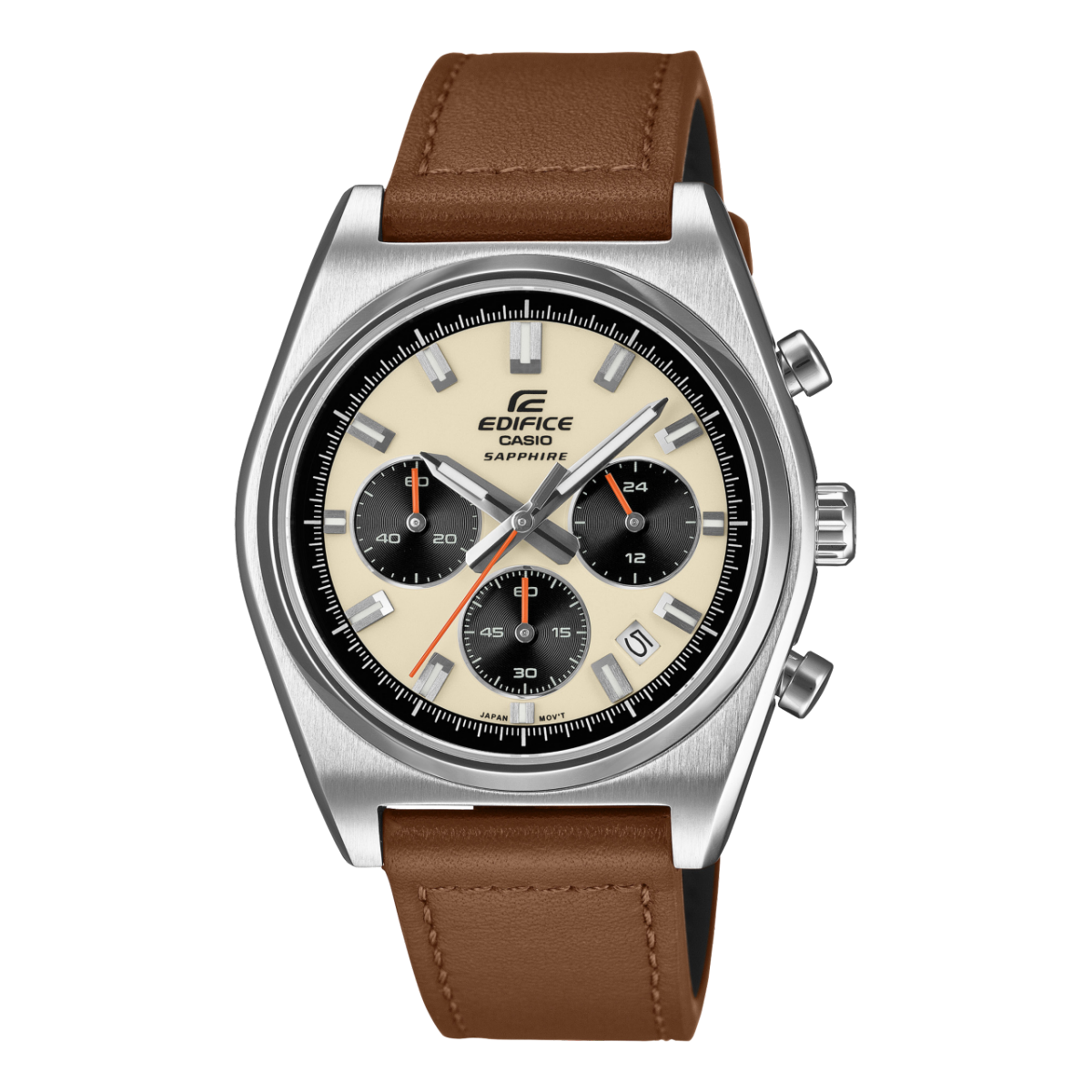 Casio Edifice Herren-Chronograph mit beigem Zifferblatt, braunem Lederarmband, Saphirglas