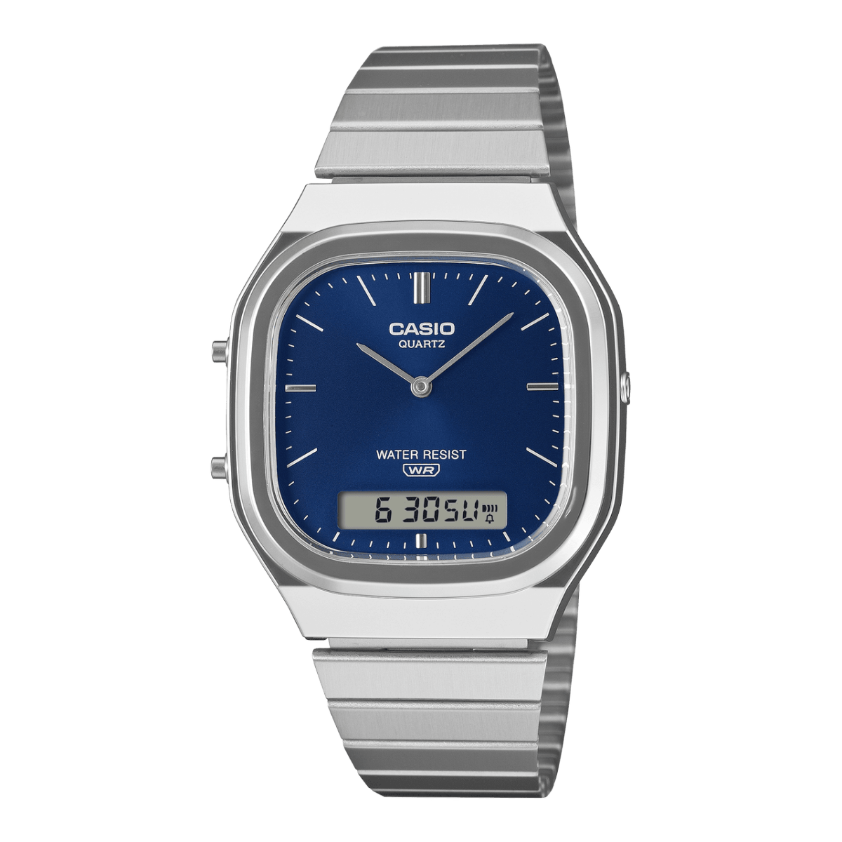 Casio AQ-240 Armbanduhr mit blauem Zifferblatt und silbernem Metallarmband, analog-digital