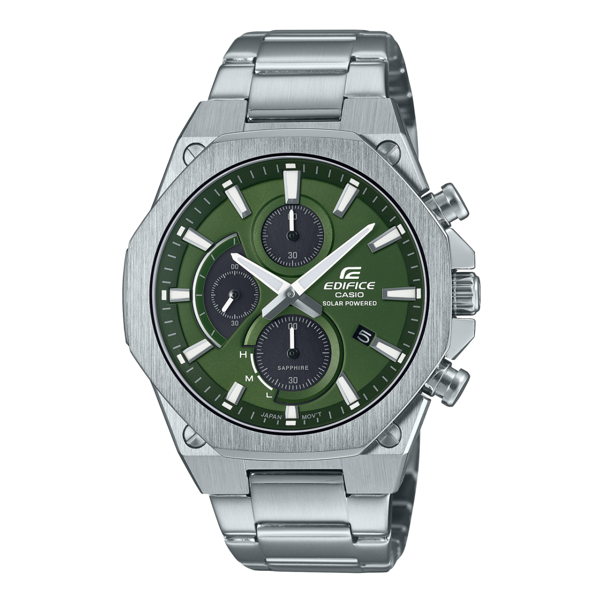 Casio Edifice Herrenuhr mit grünem Zifferblatt, Chronographenanzeigen und Stahlarmband