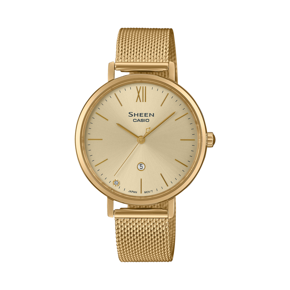 Casio Sheen SHE-4539GM-9AUER Damen Armbanduhr Goldfarben • Saphirglas • Mesh-Armband aus Edelstahl