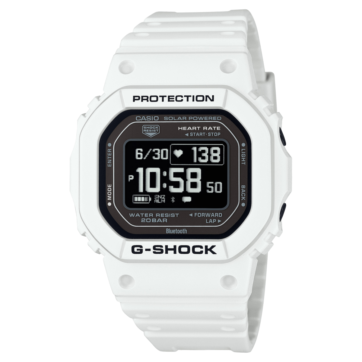 Weiße Casio G-Shock Herrenuhr mit schwarzem Digitaldisplay und „PROTECTION“-Rahmen
